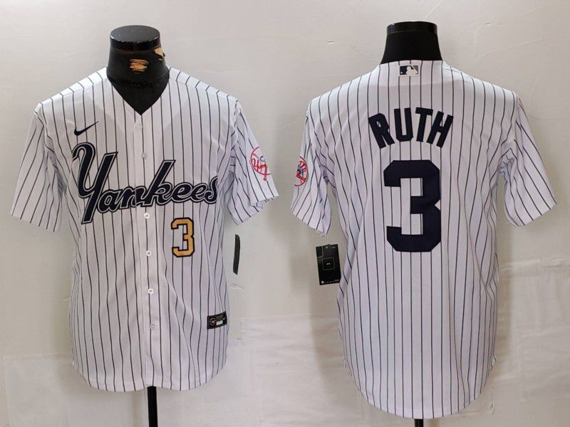 Men New York Yankees #3 Ruth White stripe Three generations of joint names Nike 2024 MLB Jersey style 2